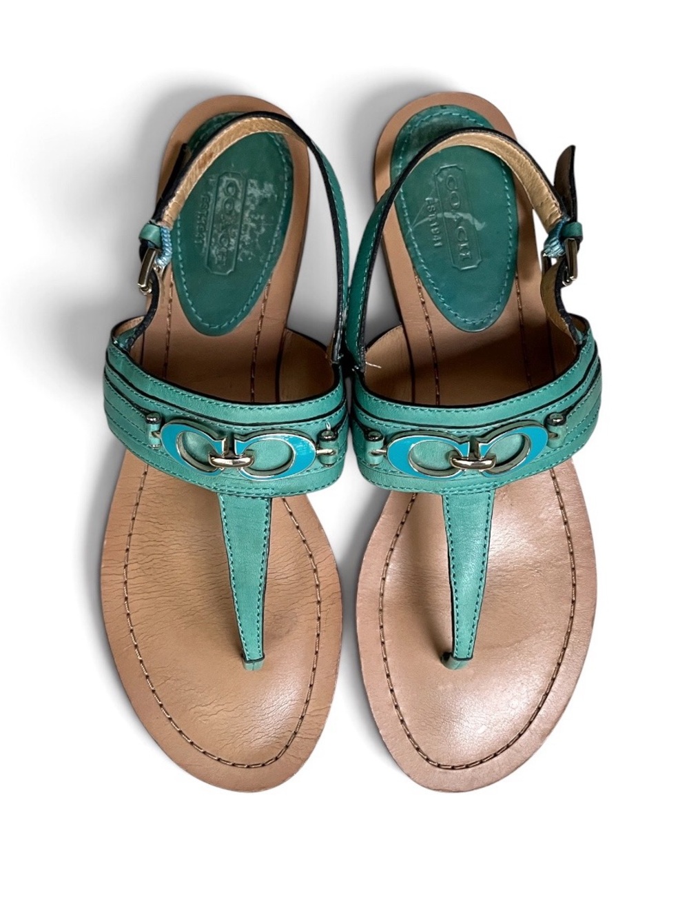 Coach “Sammy” Green Leather Thong Sandals wAqua Interlocking Enamel Cs, sz 8.5